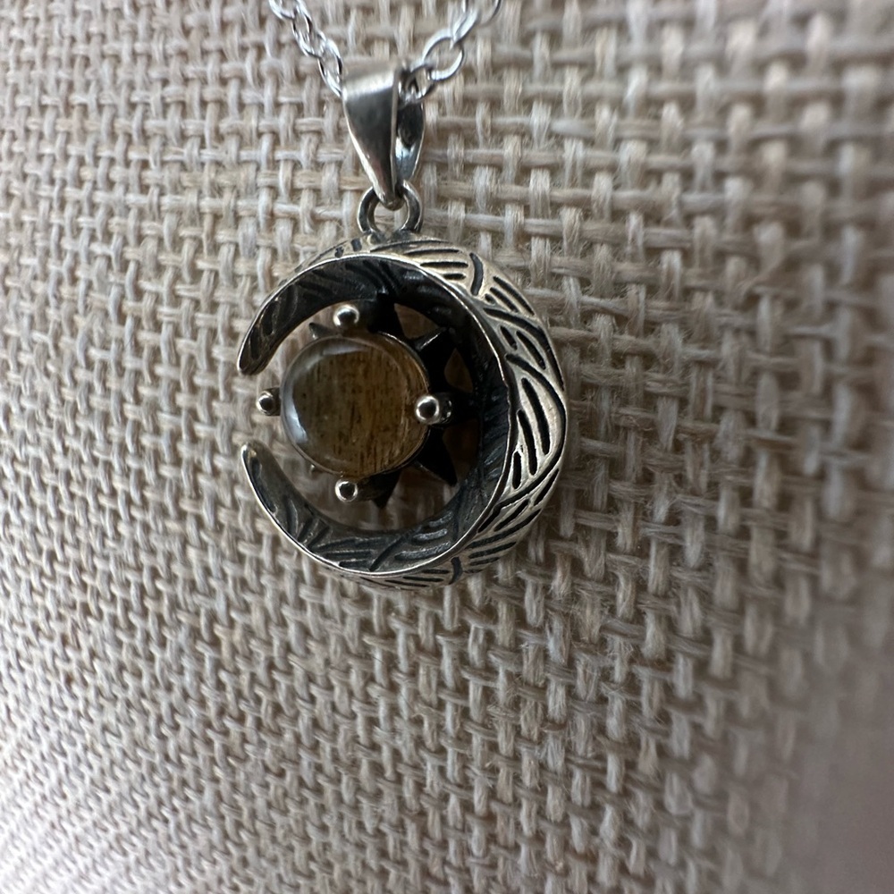 Rutilated Quartz and Silver Moon and Star Pendant Necklace on Box Chain - Picture 6 of 16